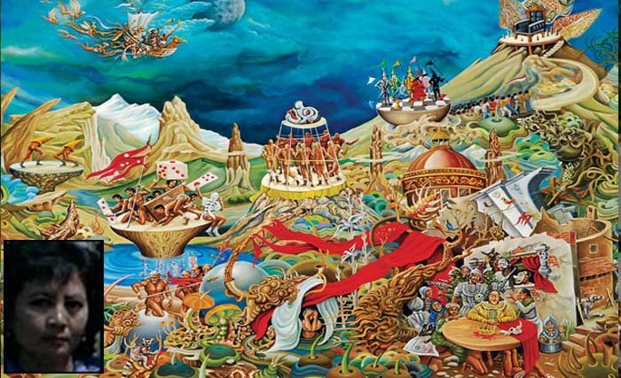 Salah satu karya Hening tahun 2003 berjudul 'Theatre of Chaos 2002',  dan Hening Purnamawati (inzet)