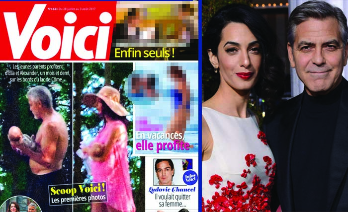 Cover majalah Voici yang digugat aktor papan atas Hollywood George Clooney. Kanan,  George Clooney dan istrinya Amal Clooney. (foto: dokumentasi)