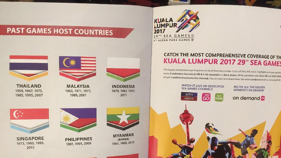 Bendera Indoensia yang salah cetak di buku panduan SEA Games 2017 Kuala Lumpur. (Foto: Istimewa)