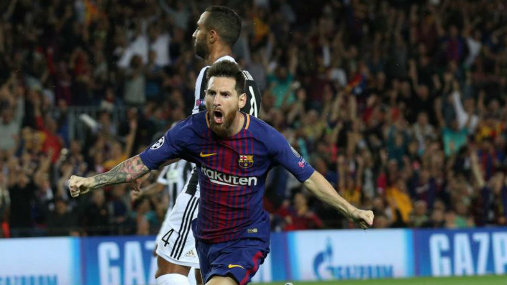 Selebrasi Lionel Messi usai mencetak gol pertama ke gawang Juventus dalam laga perdan Liga Champions 2017/2018 di Stadion Camp Nou, dini hari tadi. 