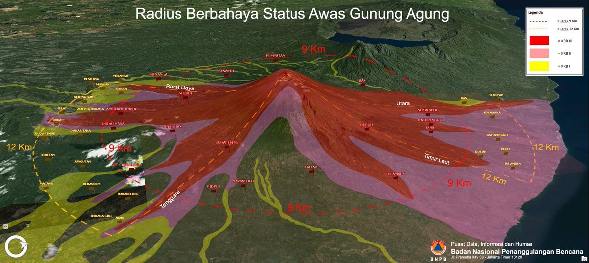 Peta Kawasan Rawan Bencana (KRB) Gunung Agung. (Foto: BNPB)