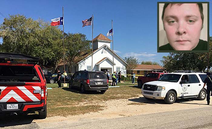 First Baptist Church di Sutherland Springs, Texas, tempat terjadinya pembantaian. Pelaku yang diduga bernama Devin Patrick Kelley  (inzet). (foto: independent) 