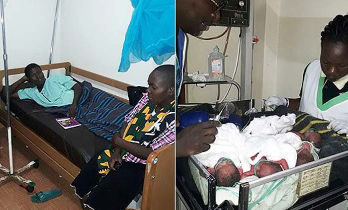Jacintah Akinyi masih terbaring di rumah sakit (kanan), dan lima bayinya yang lahir normal, tapi dua diantaranya kemudian meninggal. ( foto: nairobi news)