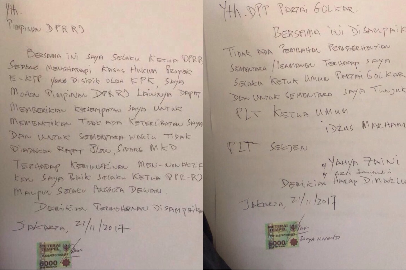 Dua surat yang diduga ditulis oleh Setya Novanto. (Foto: Istimewa)