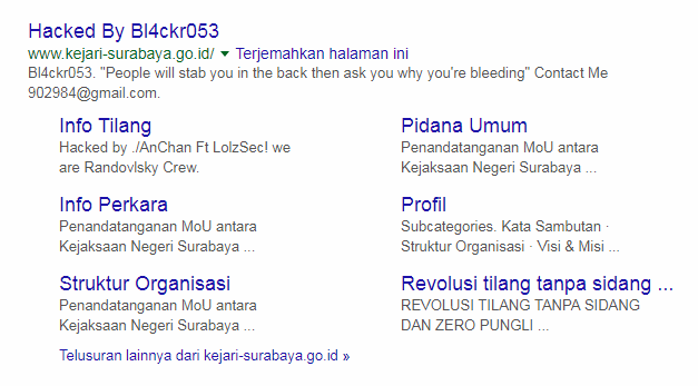 Hasil pencarian website resmi Kejaksaan Negeri Surabaya di Google (Foto: Screenshoot)
