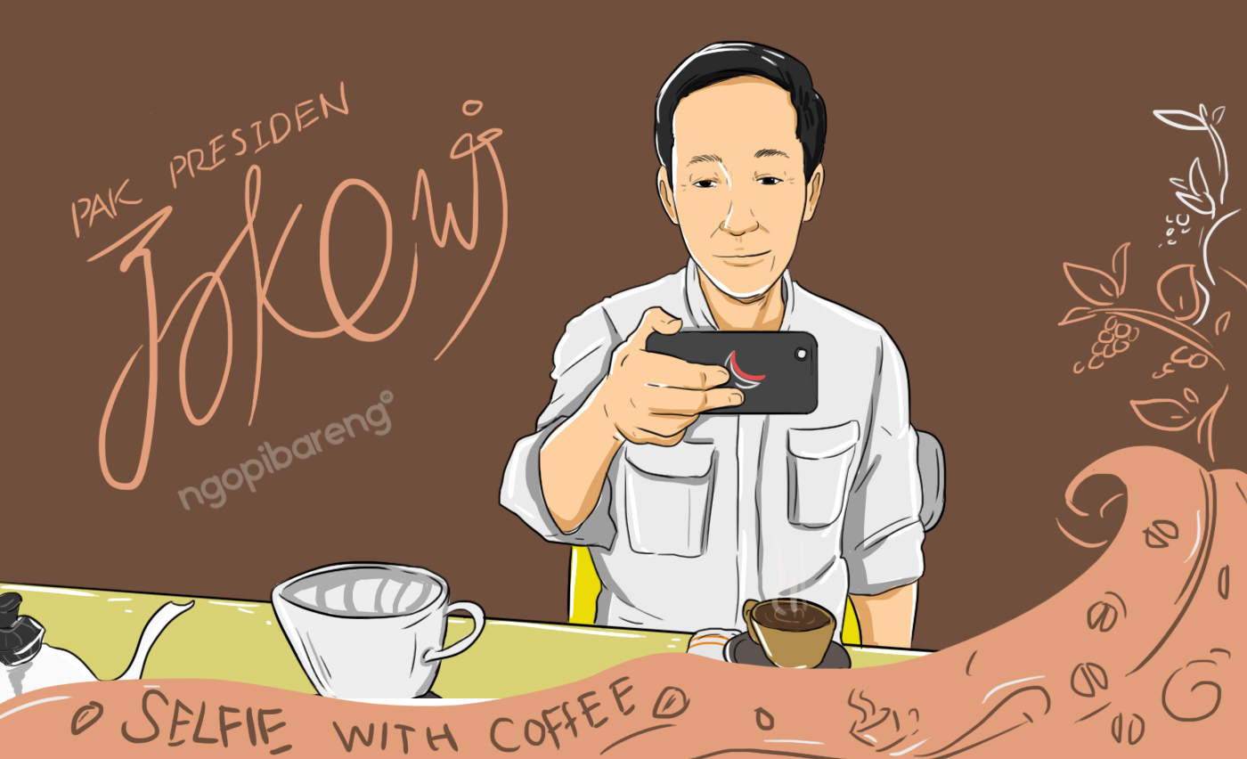 Joko Widodo, Presiden, bertandang dan selfie di sebuah warung kopi. Selfie diantara cangkir-cangkir dan dripper bluebottle yang bikin ceria aroma kopi. (illustrasi: ngopibareng.id)