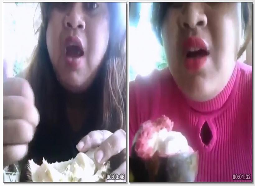 Tangkapan layar perempuan makan durian dengan kulitnya. (Foto: Istimewa)
