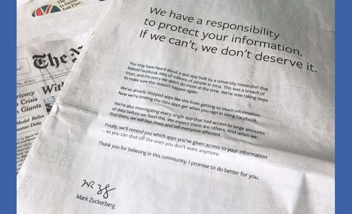 Iklan permintaan maaf Mark Zuckerberg pada 9 surat kabar di Inggris dan AS. (dok:nis/yahoo/ngobar)