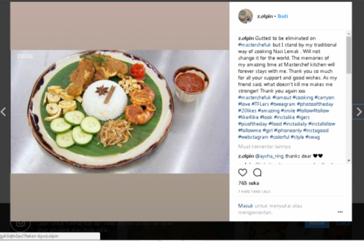 Nasi lemak dengan ayam rendang buatan satu kontestan MasterChef Inggris, Zaleha Kadir Olpin. (instagram.com/z.olpin)