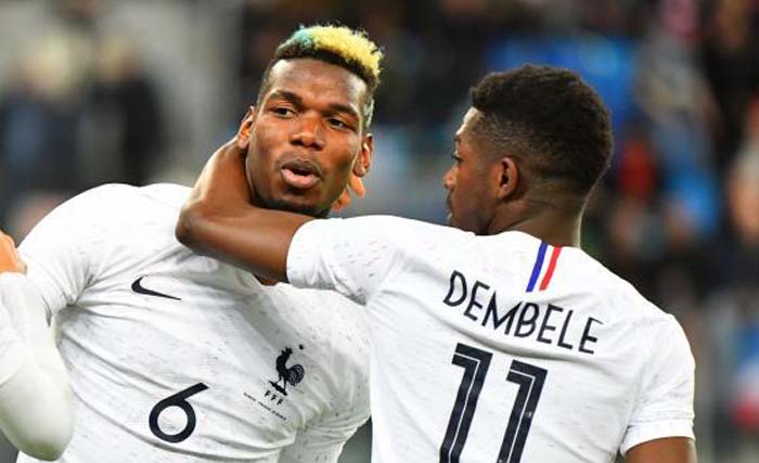  Dua pemain tim nasional Prancis Paul Pogba dan Ousmane Dembele yang jadi korban pelecehan rasis saat timnya mengalahkan Rusia. (foto: afp)