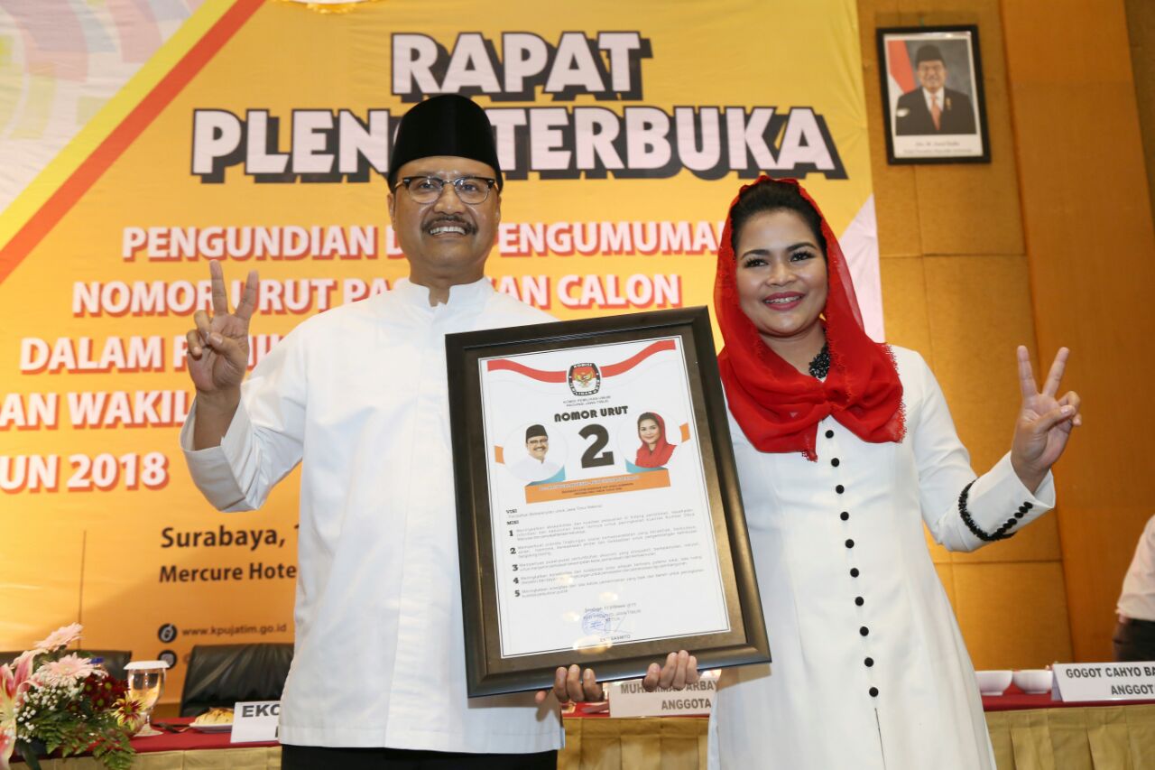 Pasangan calon Gubernur dan Wakil Gubernur Jawa Timur, Syaifullah Yusuf - Puti Guntur Soekarno dalam pengundian nomor urut peserta Pilgub Jatim di Surabaya. 