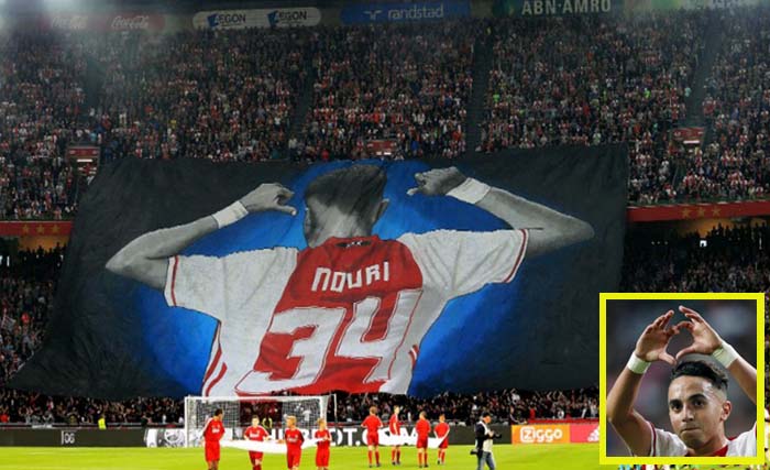 Penghormatan pendukung n Ajax kepada Abdelhak Nouri. Inzet, Abdelhak Nouri. (foto: afp)