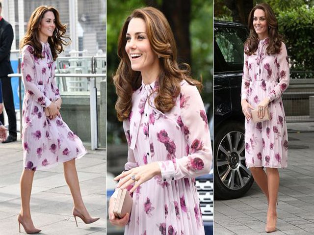 Kate Middleton mengenakan busana rancangan Kate Spade.