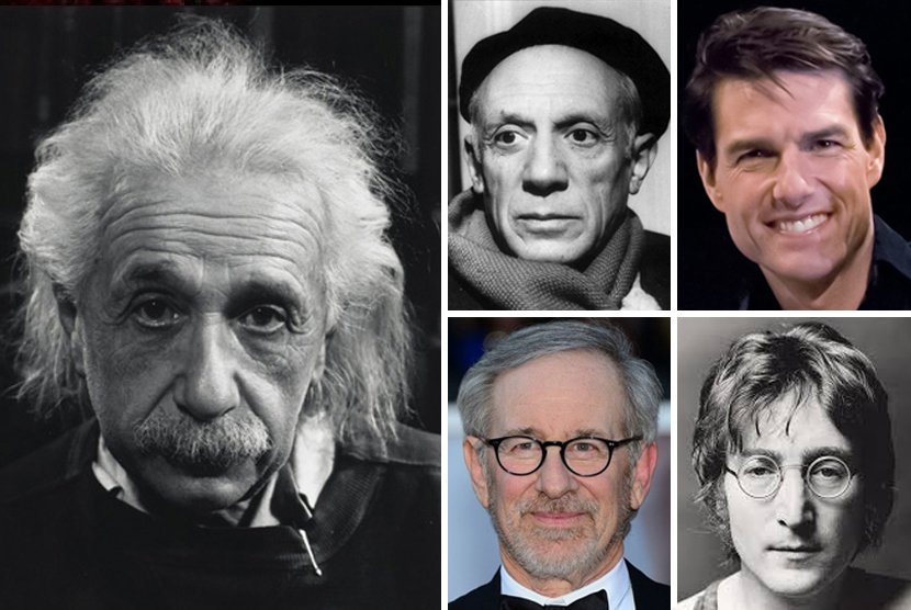 Searah jarum jam: Albert Einstein, Pablo Picasso, Tom Cruise, John Lennon, Steven Spielberg,