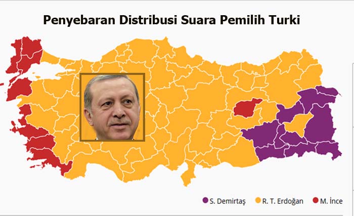 Daerah pemenangan Recep Tayyip Erdogan (warna kuning) yang dominan di Turki. (foto: ngobar/secim.haberle/nis)