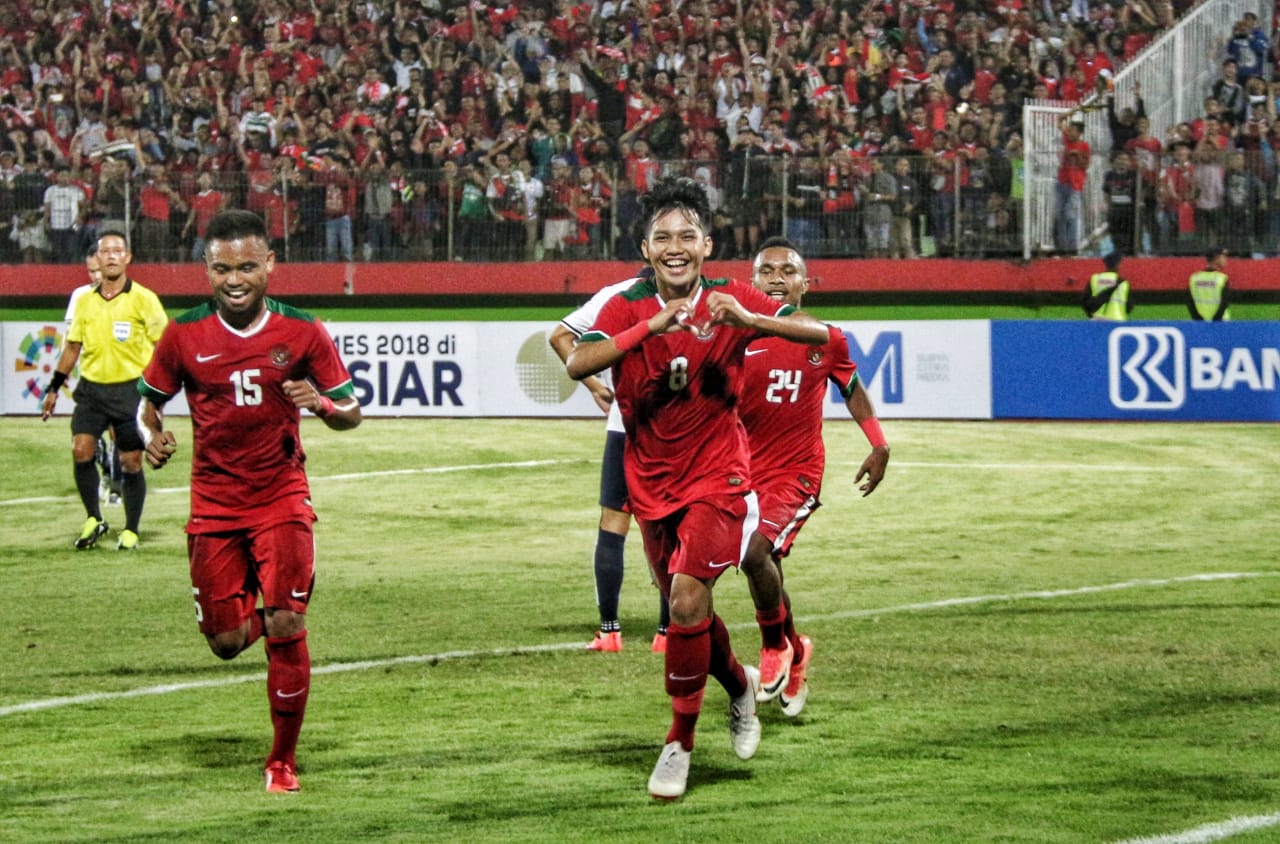 Witan Sulaeman saat selebrasi gol ke gawang Laos di Piala AFF, Minggu 1 Juli 2018. (foto: hrs/ngopibareng)