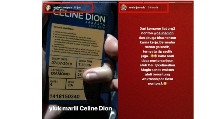 Maia Estianty pamer tiket konser Celine Dion Rp 25 juta. Sedangkan Mulan Jameela curhat sedih lantaran bekerja saat idolanya konser di Jakarta, Sabtu 7 Juli 2018.