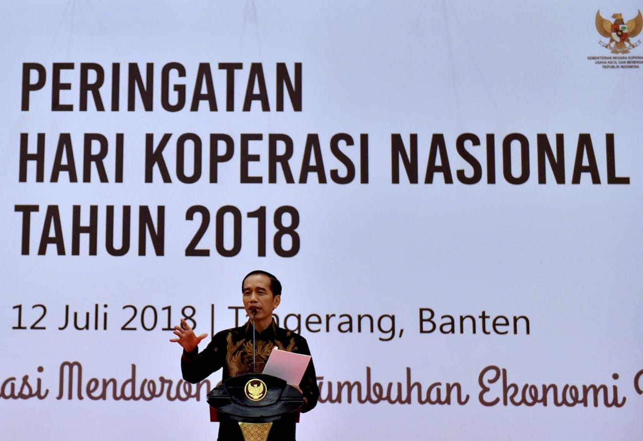 Presiden Joko Widodo membuka dan meresmikan Hari Koperasi Nasional (Harkopnas), 12 Juli 2018 yang diselenggarakan di Indonesia Convention Exhibition (ICE), Bumi Serpong Damai (BSD), Tangerang, Banten.