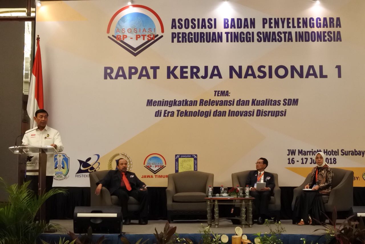 Wiranto sebagai keynote speaker di Rekarnas I ABPPTSI, Selasa 17 Juli 2018. (Dok)