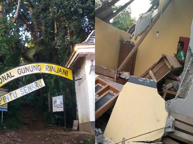 Salah satu pintu masuk kawasan wisata Gunung Rinjani di Senaru mengalami rusak parah akibat gempa, Minggu, 29 Juli 2018. (Foto: BPBD)