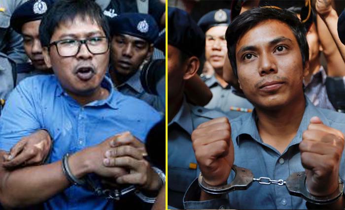Dua wartawan Reuter di Myanmar,  Wa Lone (kiri)  dan Kyaw Soe Oo (kanan), masih ditahan pemerintah Myanmar karena laporan mereka mengenai pembantaian etnik  Rohingya oleh militer. (foto: dok/afp/ngobar)