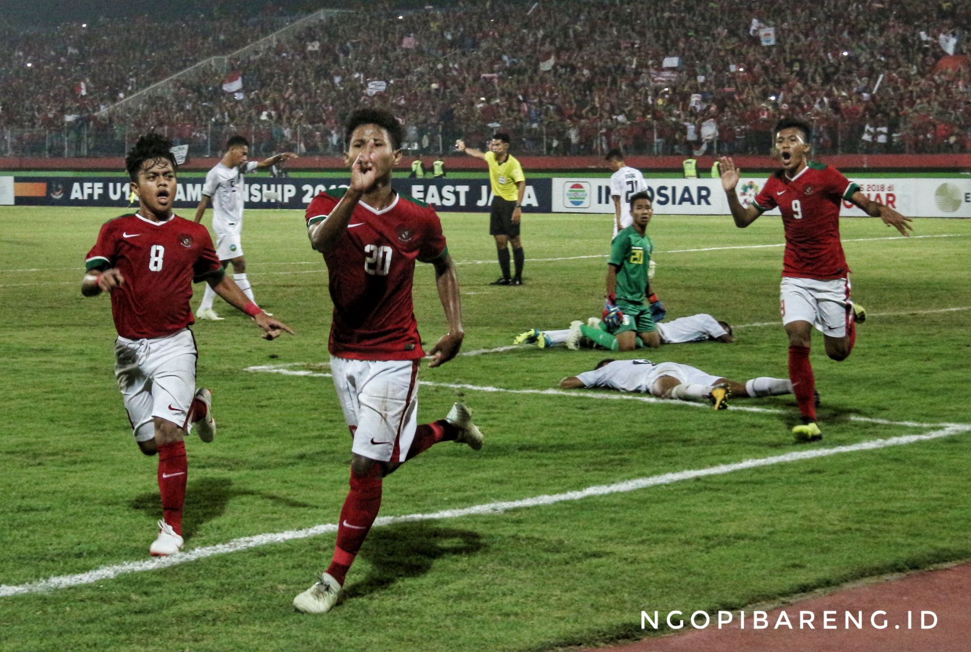 Pemain Timnas Indonesia U-16, Bagus Kahfi saat melakukan selebrasi gol keduanya ke gawang Timor Leste, Sabtu 4 Agustus 2018. (foto: hrs/ngopibareng)