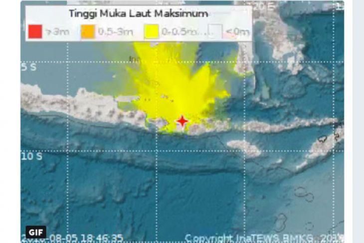 Peta potensi tsunami setelah gempa 7.0 skala Richter di Lombok, NTB, Minggu petang 5 Agustus 2018. (Foto: BMKG)