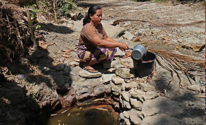 Seorang warga sedang mengambil air untuk kebutuhan masak minum di sebuahi belik atau sumber kecil di dasar sungai Dukuh/Desa Garangan Kecamatan Wonosegoro Kabupaten Boyolali, Rabu. (foto: bambang dwi marwoto/antara)