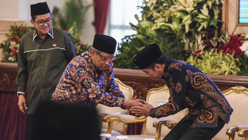 Presiden Joko Widodo bersama KH Said Aqil Siroj dan Ali Masykur Musa di Istana, Jakarta. (foto: isnu for ngopibareng.id)