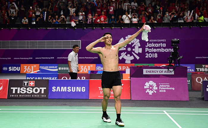 Jonatan Christie, usai menang atas atlit Taiwan, Tienchen Chao di Asian Games 2018, Selasa, 28 Agustus 2018. (Foto: Antara)