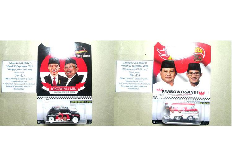 Kreatif. Musim kampanye Pilpres 2019, penjual hot wheels promosi versi Jokowi Vs Prabowo.