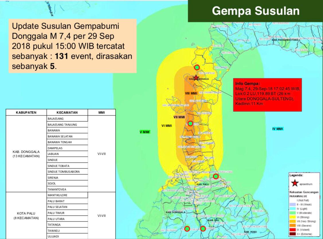 Peta Gempa Donggala dan Palu. Foto: BNPB