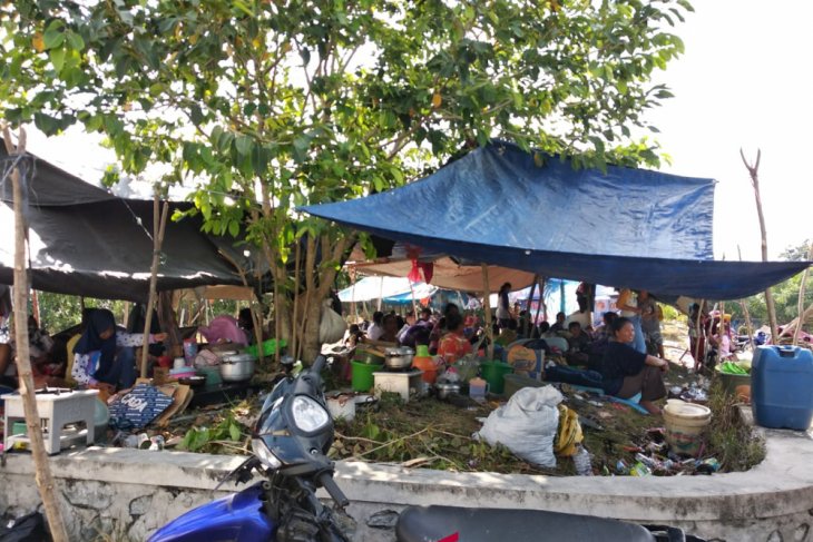 Warga tiga desa yakni Desa Limboro, Desa Tiale, dan Desa Mekar Baru, Kecamatan Benawa Tengah, Donggala, Sulawesi Tengah, mengungsi di tenda pengungsian, Senin 1 Oktober. Para pengungsi kini mengalami kesulitan makanan. (Foto: Antara/Amirullah)