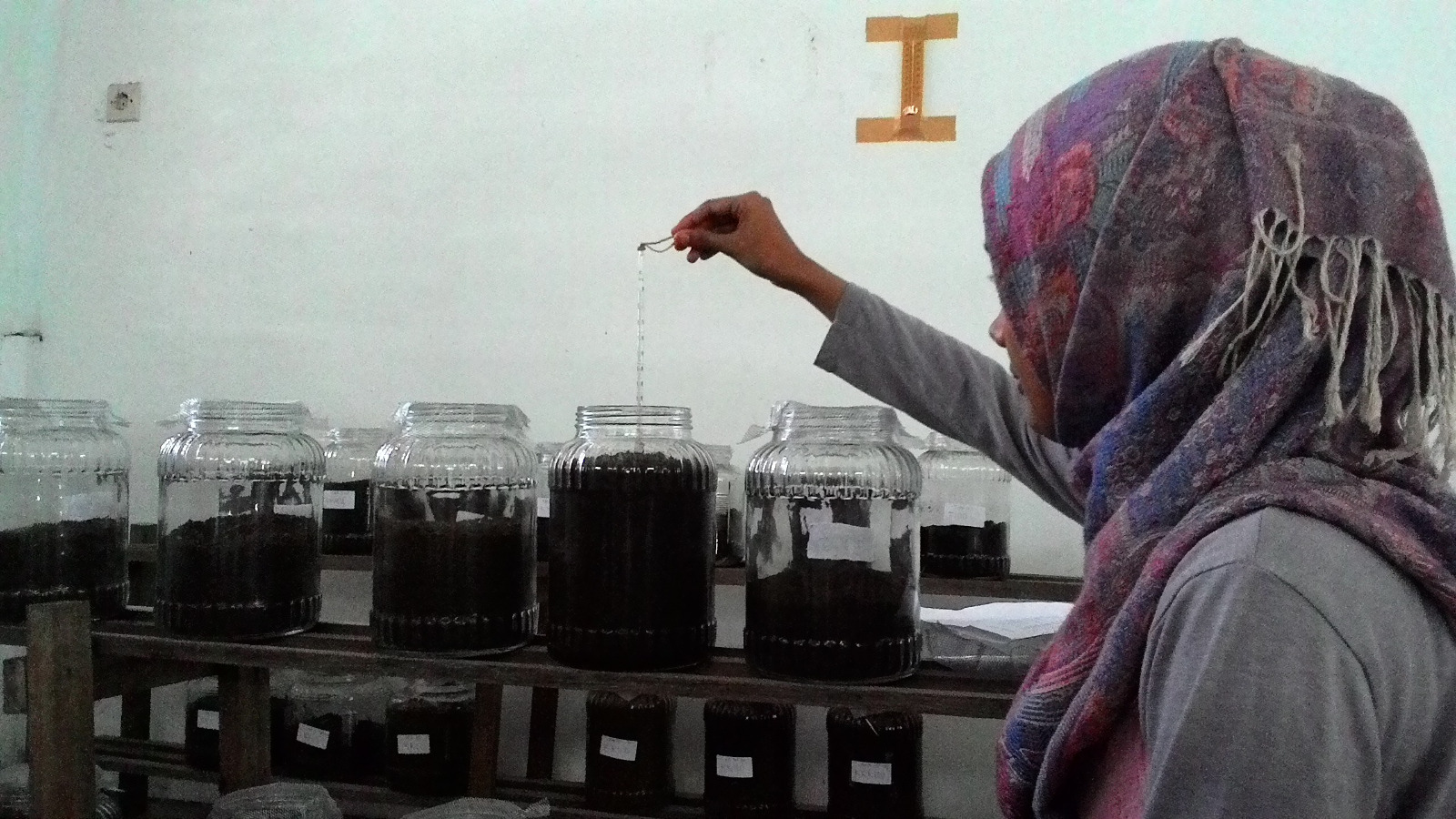 PERCOBAAN: Salah satu anggota tim melakukan komposting tanah tercemar crude oil di laboratorium Departemen Teknik Lingkungan ITS. (foto: amanah/ngopibareng.id)