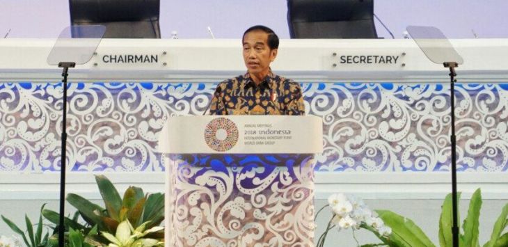 Presiden Jokowi  saat pidato di Pertemuan Tahunan IMF-Bank Dunia 2018. 