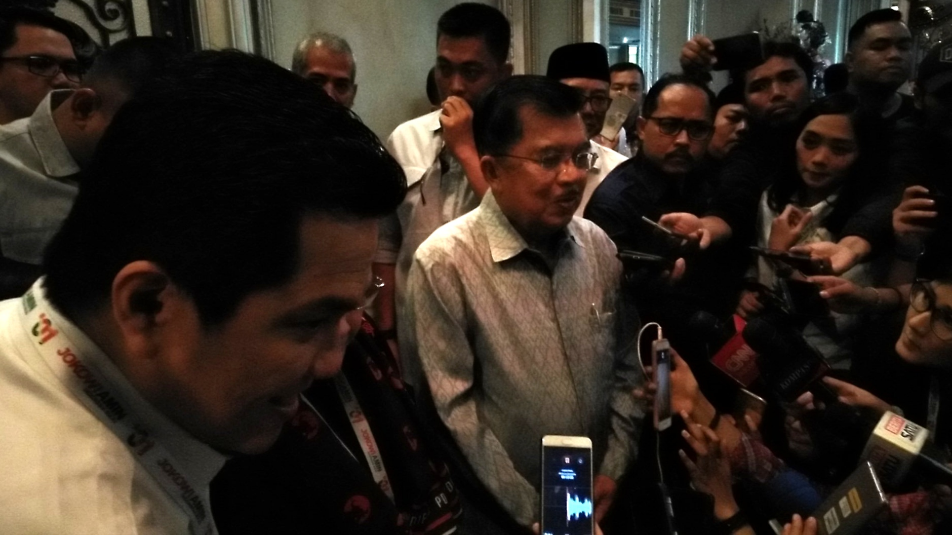 JK usai membuka Rapat Kerja Nasional (Rakernas) TKN di Empire Palace, Surabaya, Sabtu, 27 Oktober 2018. (foto: farid/ngopibareng.id) 