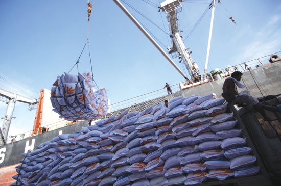 Kegiatan bongkar impor beras di pelabuhan. (Foto Monitor.co.id)