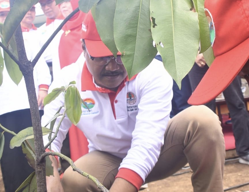 Wakil Gubernur Jawa Timur Saifullah Yusuf (Gus Ipul) menanam pohon saat peringatan hari menanam pohon di Batu, Jawa Timur. Foto: biro humas Jatim
