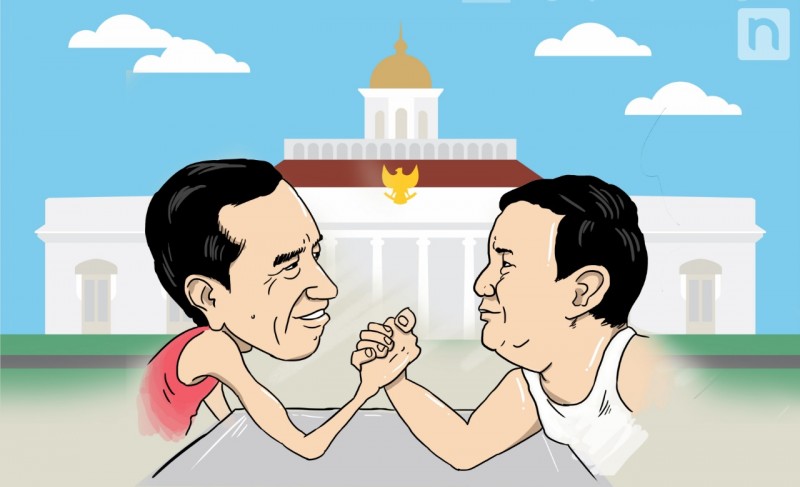 Ilustrasi persaingan Joko Widodo dengan Prabowo Subianto. (Ilustrasi: ngopibareng.id)