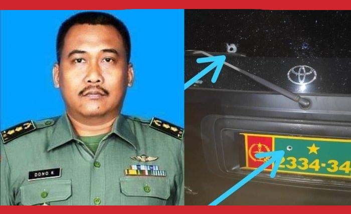 Letkol TNI Dono Kuspriyanto (kiri), dan peluru menembus mobil yang dikendarainya. (Foto:Serambi Indonesia)