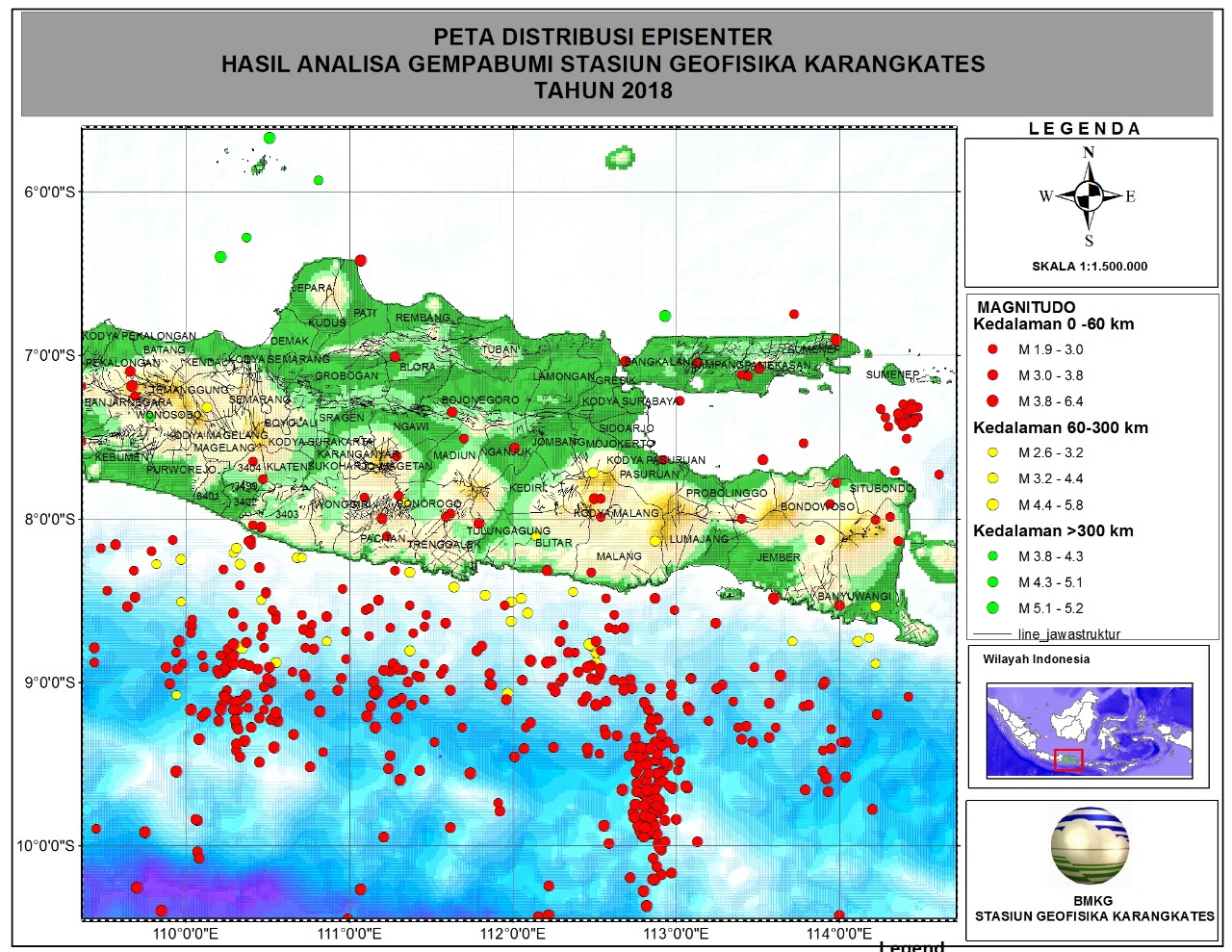 Titik gempa di Jawa Timur selama 2018. (Ilustrasi Stasiun Geofisika BMKG Karangkates Malang)