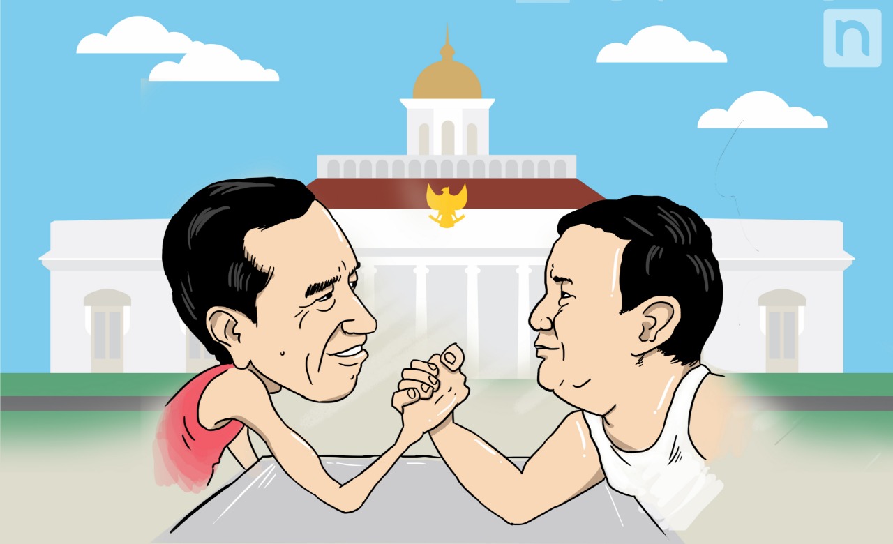Karikatur Jokowi vs Prabowo. (Ilustrasi: Vidhi/ngopibareng.id)