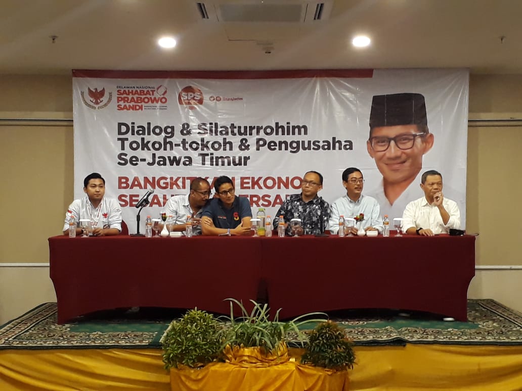 Sandiaga saat menghadiri Dialog dan Silaturrohim Tokoh dan Pengusaha se -Jawa Timur, di Hotel Namira Surabaya Rabu, 2 Januari 2019. (Foto: farid/ngopibareng.id)