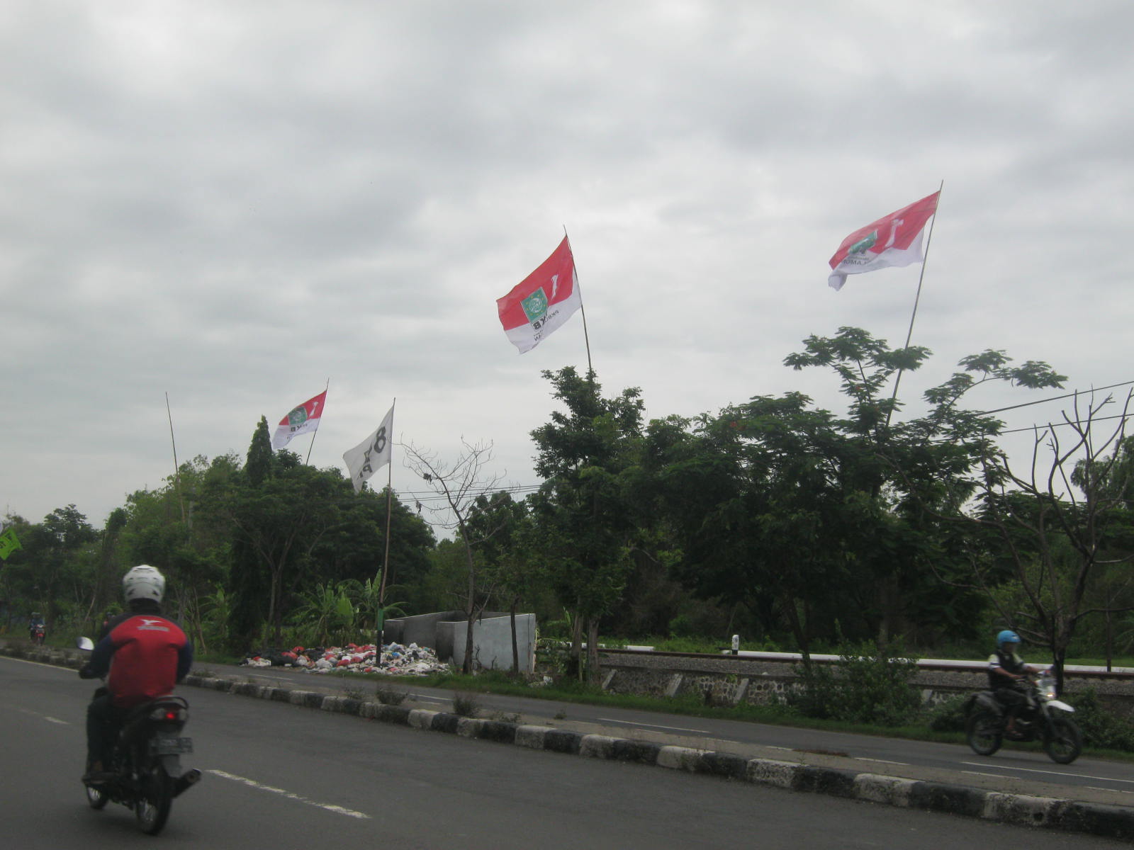 Bendera parpol dipasang tinggi diatas pohon, tiang listrik dan tiang telepon marak di jalan nasional Lamongan(foto:totok/ngopibareng.id)