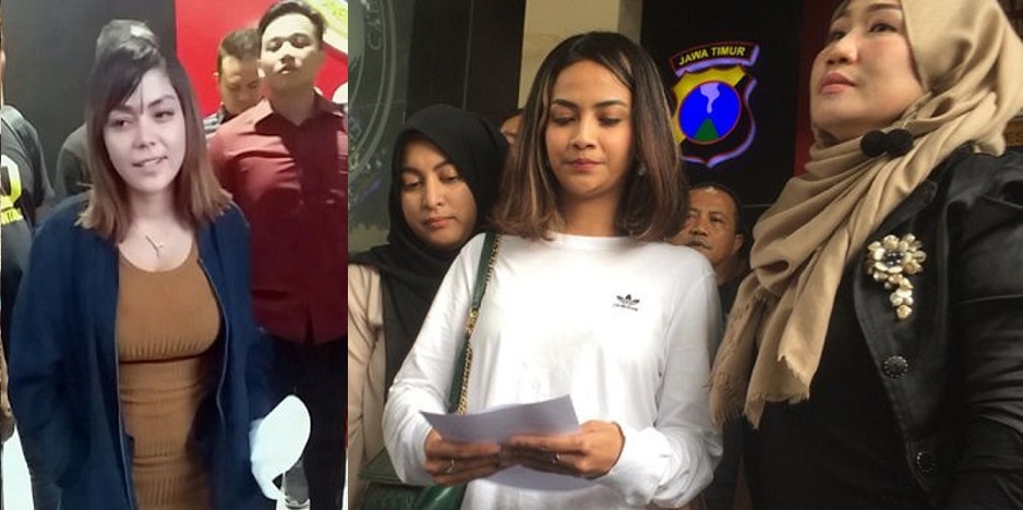 Avriellia Shaqqila (kiri) dan Vanessa Angel saat memberikan keterangan atas dugaan prostitusi online di Surabaya.
