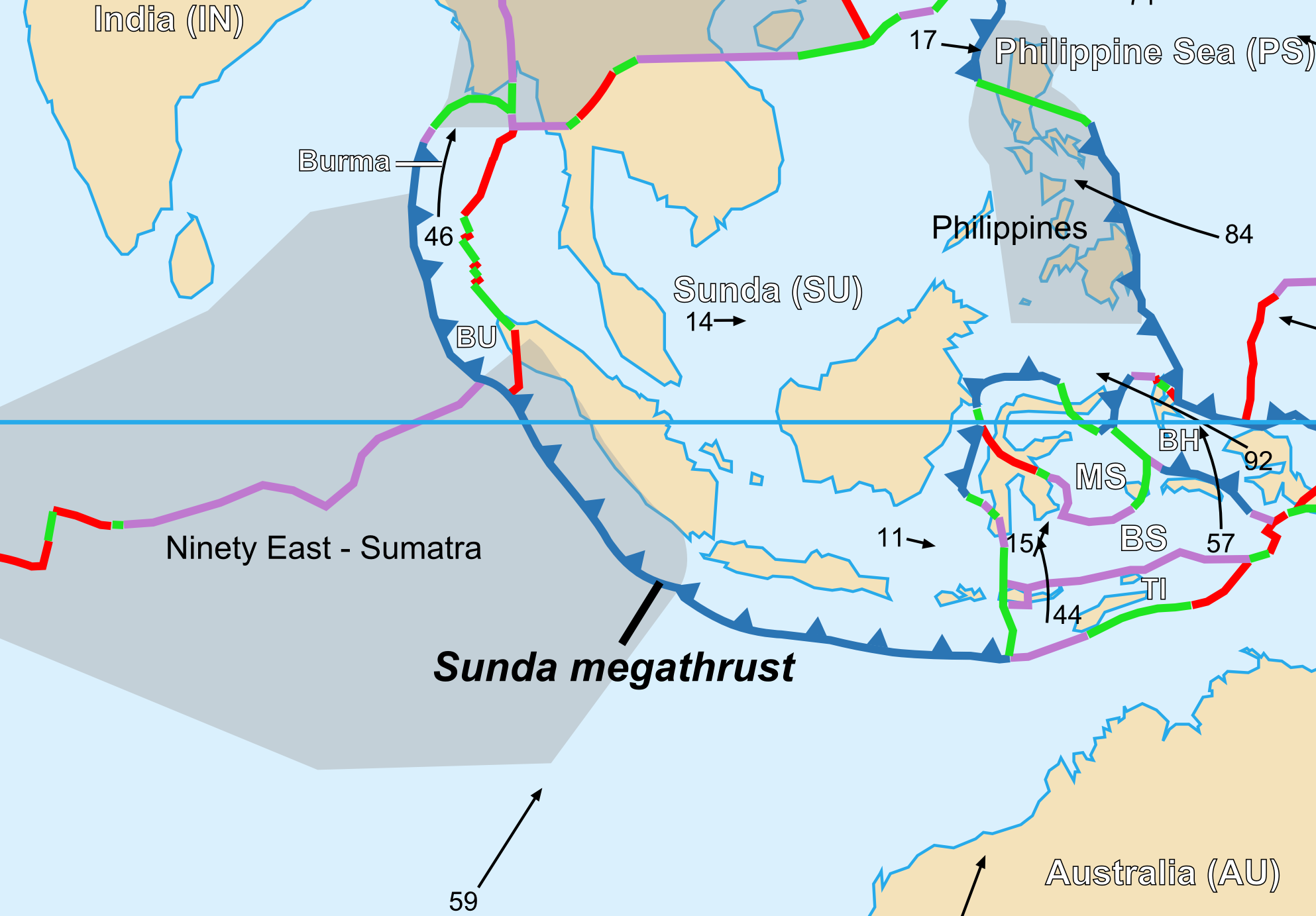Peta lempeng yang berpotensi menimbulkan gempa megathrust. (Foto: Wikipedia)