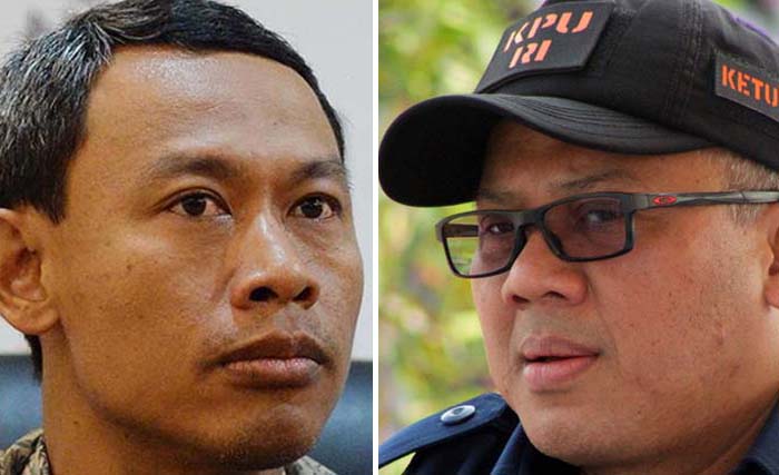 Ketua KPU  Arief Budiman (kanan) dan komisioner KPU Pramono Ubaid. (foto: dok. antara)