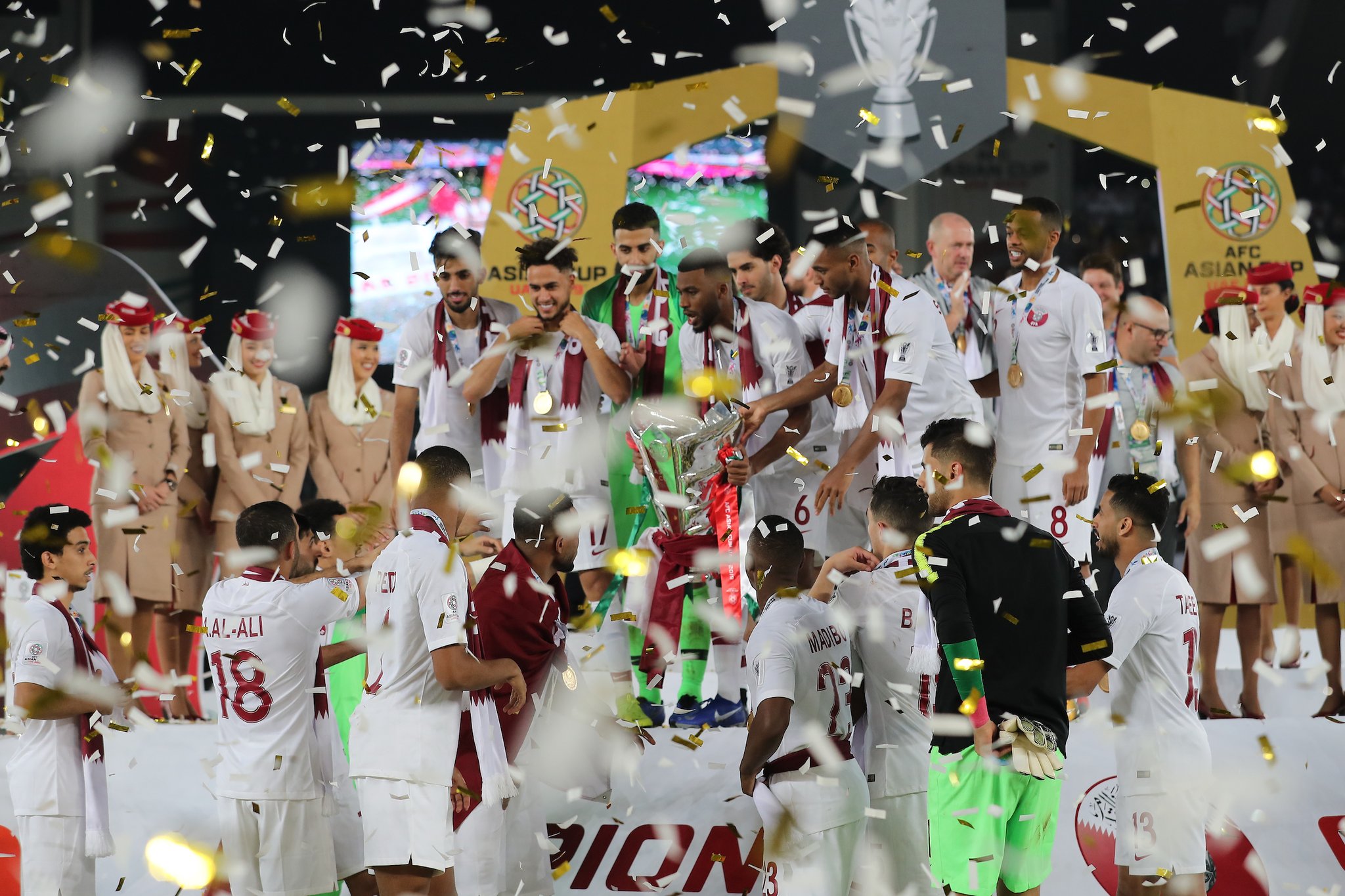 Timnas Qatar tampil sebagai juara Piala Asia 2019 setelah menundukkan Jepang 3-1 di final, Jumat 1 Februari 2019 di Zayed Sport City Stadium, UEA. (Foto: Twitter/@AsianCup2019)