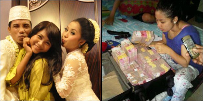 Foto pernikahan siri Supian Hadi dengan Vita KDI (kiri), Vita KDI pamer uang diduga mahar pernikahan senilai Rp5 miliar dalam koper (kanan).