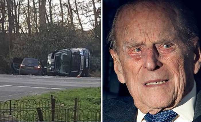 Pangeran Philip, suami Ratu Elizabeth usai kecelakaan 17 Januari lalu (kanan), dan mobil Land Rover yang dikendarainya terguling. (Foto:DailyExpress)